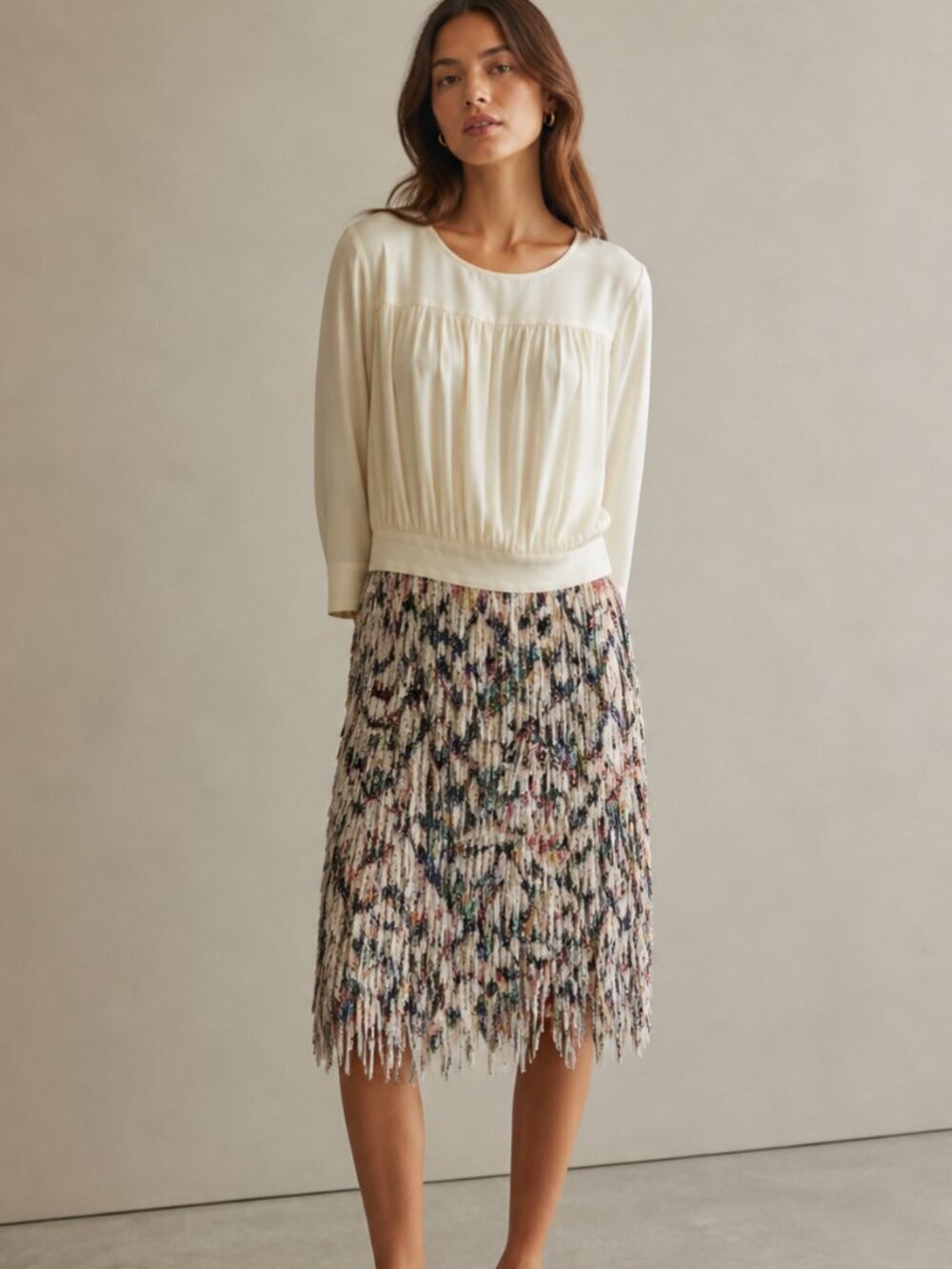 FLANNEL Cream Long Sleeve Fringe Artsy Designer Dress 1 / Medium